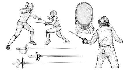 vector drawing of fencing sport set.