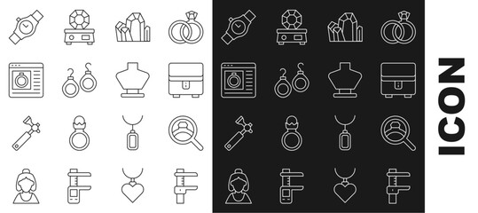 Set line Calliper or caliper and scale, Diamond engagement ring, Jewelry box, Gem stone, Earrings, online shopping, Wrist watch and Necklace mannequin icon. Vector