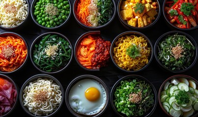 Colorful Asian Food Bowls with Fresh Ingredients on Black Background
