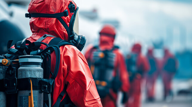 A team of rescuers in full hazmat gear approach the site of an emergency