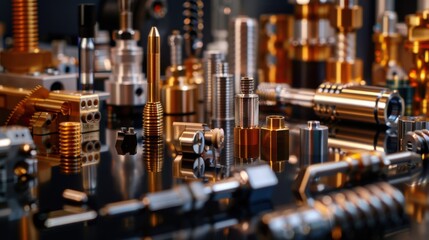 Naklejka premium An array of precision tools and instruments used in manufacturing, arranged neatly on a reflective surface, highlighting their detailed craftsmanship