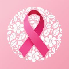 Pink ribbon for Breast cancer awareness month in circle frame with white flower and leaves texture around on soft pink background vector design