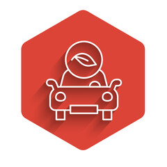 White line Eco car concept drive with leaf icon isolated with long shadow background. Green energy car symbol. Red hexagon button. Vector