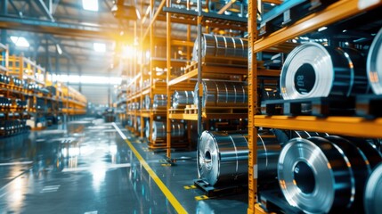Obraz premium An overhead shot of an industrial warehouse with rows of metal racks holding freshly electrocoated parts, bathed in soft, diffused lighting to emphasize the smooth, glossy finish