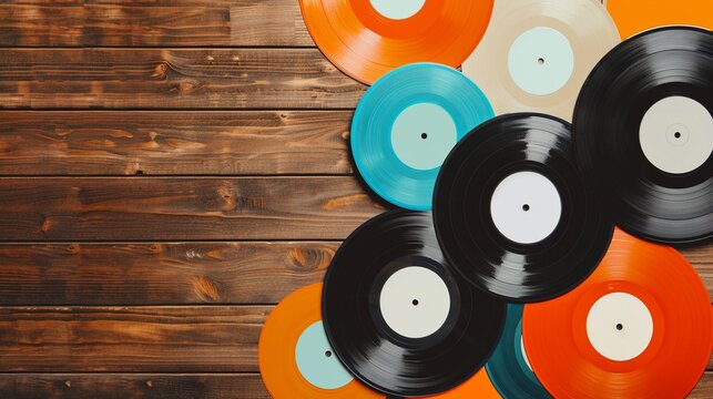 A colorful assortment of vintage vinyl records displayed neatly on a rustic wooden table, showcasing a diverse collection of musical genres, flat design illustration