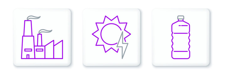 Set line Plastic bottle, Factory and Solar energy panel icon. Vector