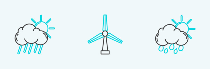 Set line Cloud with rain and sun, and Wind turbine icon. Vector