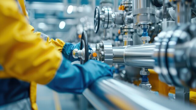 Close-up of a technician wearing protective gear inspecting a pipeline valve at an industrial oil and gas facility - Powered by Adobe