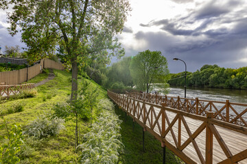 A walkway with a bridge over a river and a tree in the background