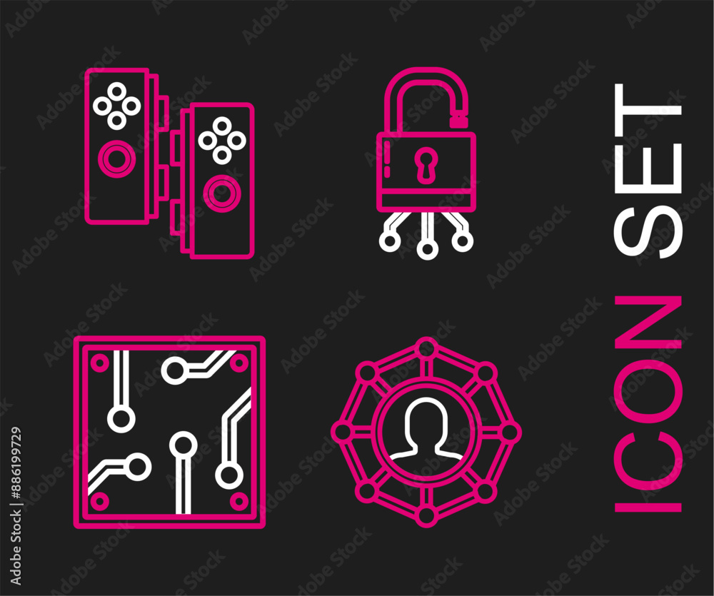 Poster set line project team base, processor, lock on digital circuit board and gamepad icon. vector