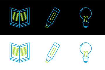 Set line Light bulb with concept of idea, Open book and Marker icon. Vector