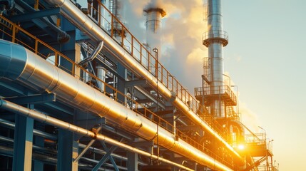 Fototapeta premium Close-up view of smoke billowing from industrial chimneys amidst a labyrinth of metallic structures and machinery. The scene highlights the contrast between technological complexity and natural