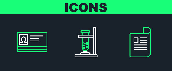 Set line Document, Identification badge and Glass test tube flask fire icon. Vector