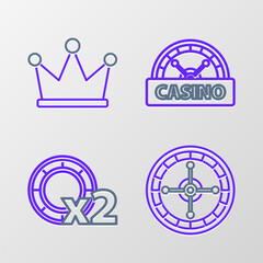 Set line Casino roulette wheel, chips, signboard and Crown icon. Vector
