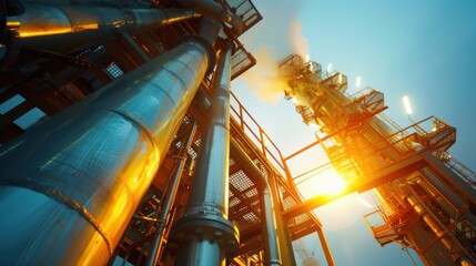 Close-up view of smoke billowing from industrial chimneys amidst a labyrinth of metallic structures and machinery. The scene highlights the contrast between technological complexity and natural