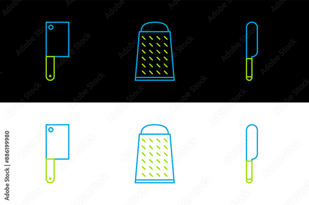 Sticker Set line Knife, Meat chopper and Grater icon. Vector