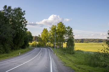 A road with a few trees on the side and a clear blue sky