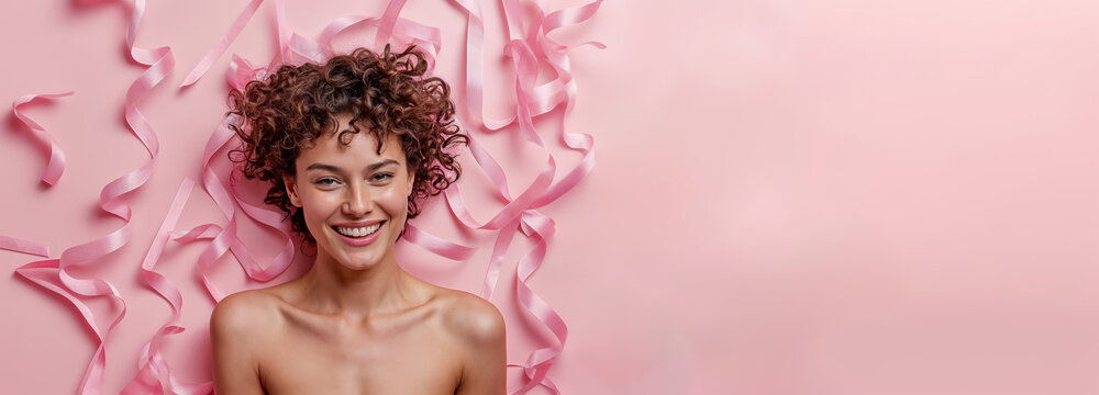 femme nue, rubans rose, symbole de la lutte contre le cancer du sein pendant octobre rose