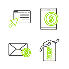 Set line Price tag with New, Envelope coin dollar, Tablet and Online shopping on screen icon. Vector