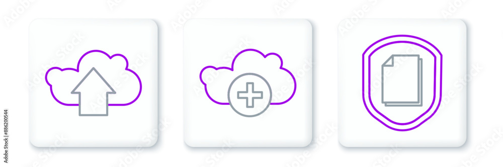 Poster set line document protection concept, cloud upload and add cloud icon. vector