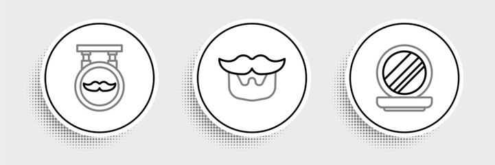 Set line Makeup powder with mirror, Barbershop and Mustache and beard icon. Vector