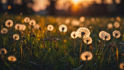 Sunset over a dandelion field with blurred bokeh effect, highlighting seasonal allergies