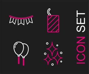 Set line Firework, Balloons with ribbon, rocket and Carnival garland flags icon. Vector