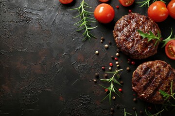 Delicious gourmet beef burger meal with succulent steak. High-quality meat on display. Empty space for text and creative designs. Add your own graphics