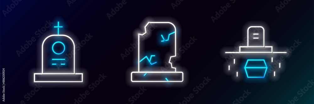 Sticker set line grave with coffin, tombstone and old grave icon. glowing neon. vector