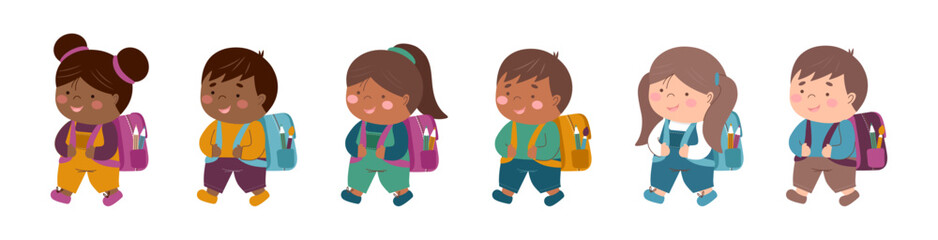 Childrens school collection. Set of multiracial school children with backpacks isolated on white. Back to school concept. Education concept.