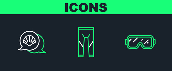 Set line Diving mask, Scallop sea shell and Wetsuit icon. Vector
