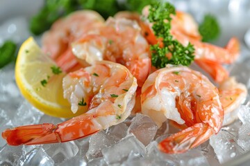 Delicious steamed shrimp served chilled with tangy lemon slice on frosty platter
