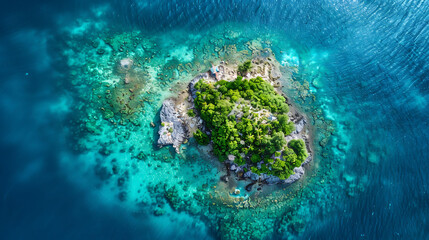 Aerial View of Pristine Tropical Island with Coral Reef, Idyllic Paradise Shot from Drone 