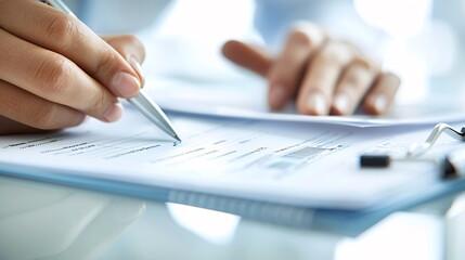 A close-up shot of a financial advisor's hands holding a pen and pointing at a tax document, while another hand is taking notes, with ample copyspace for text.