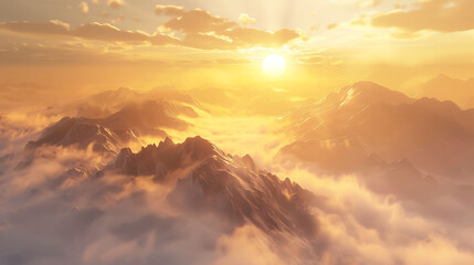 Fototapeta premium Majestic Misty Mountain Range at Sunrise - Hyper-realistic Golden Light Landscape Photography 