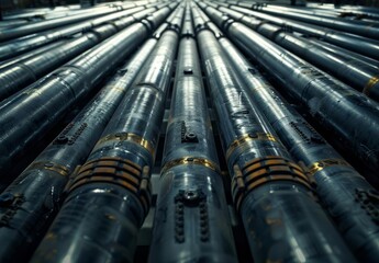 Industrial pipeline with metallic finish under dramatic lighting perspective