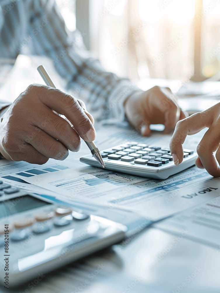 Poster detailed shot of a financial advisor using a calculator and pointing at a tax return form while expl