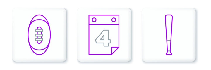 Set line Baseball bat, American Football and Calendar with date July 4 icon. Vector