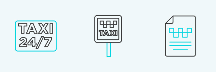 Set line Taxi driver license, Location with taxi and Road sign for stand icon. Vector