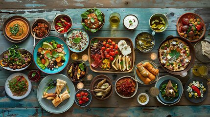 Culinary Delights: Vibrant Mediterranean Mezze Spread on Rustic Table