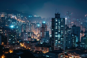 Obraz premium Cityscape at night showing numerous illuminated windows of tall buildings against a dark sky