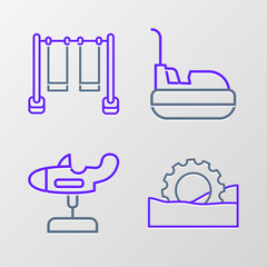 Set line Ferris wheel, Swing plane, Bumper car and Double swing icon. Vector