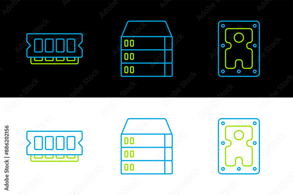 Poster set line hard disk drive hdd, ram, random access memory and server, data, web hosting icon. vector