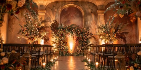 An elegant wedding ceremony adorned with warm lighting and exquisite floral decor, creating a romantic and enchanting ambiance for a memorable celebration of love.