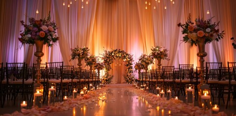 Obraz premium An elegant wedding ceremony adorned with warm lighting and exquisite floral decor, creating a romantic and enchanting ambiance for a memorable celebration of love.