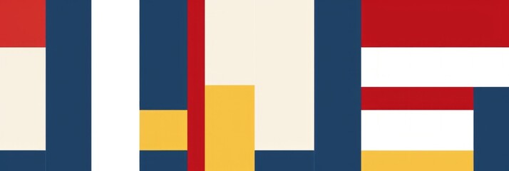 Fototapeta premium Abstract geometric design with red, yellow, blue, and white colors. The background is a banner with a geometric pattern