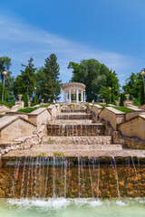 Obraz premium city park in summer season, beautiful view, nature with architecture and fountains