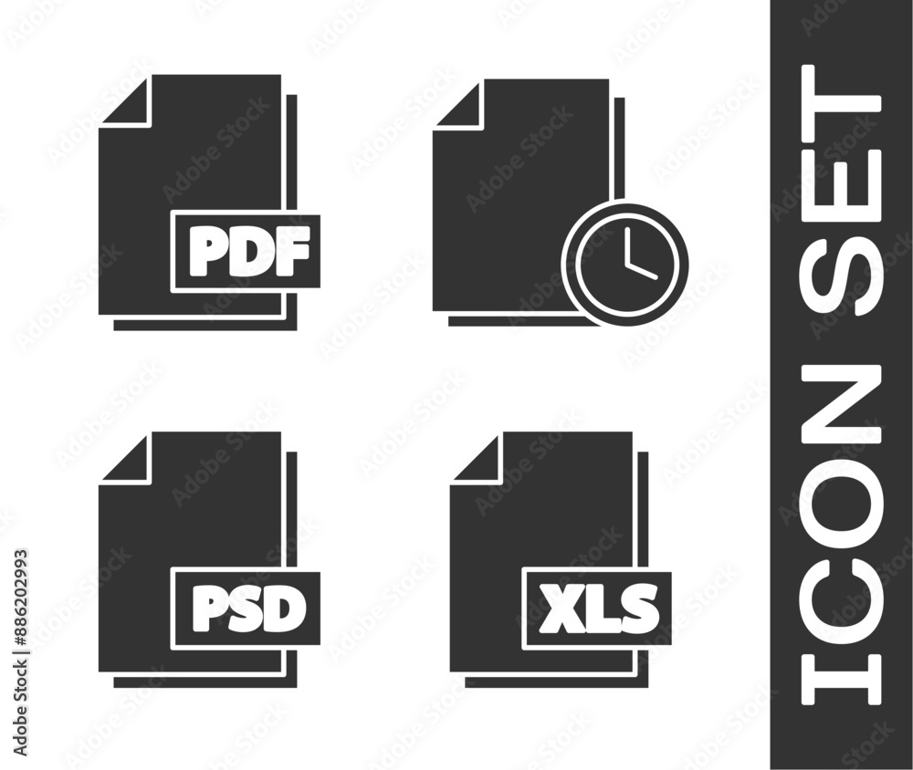Poster set xls file document, pdf file document, psd file document and document with clock icon. vector