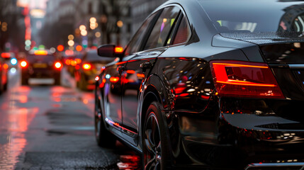 Close-up of the taillight of a black car on the evening street, back view.