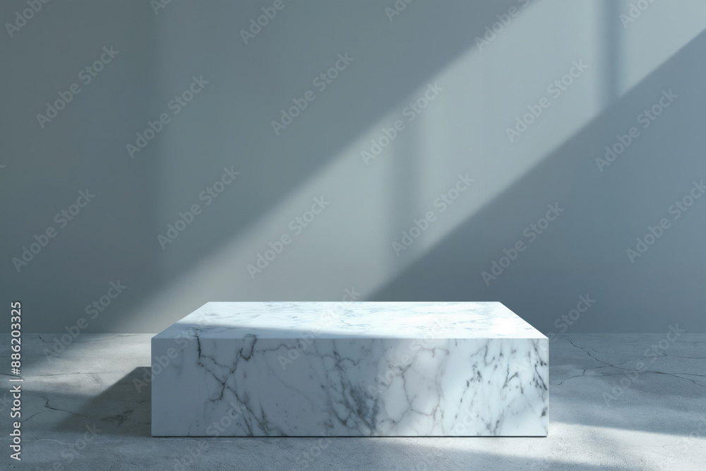 Poster empty marble podium illuminating by sunlight from window on a gray wall for product placement